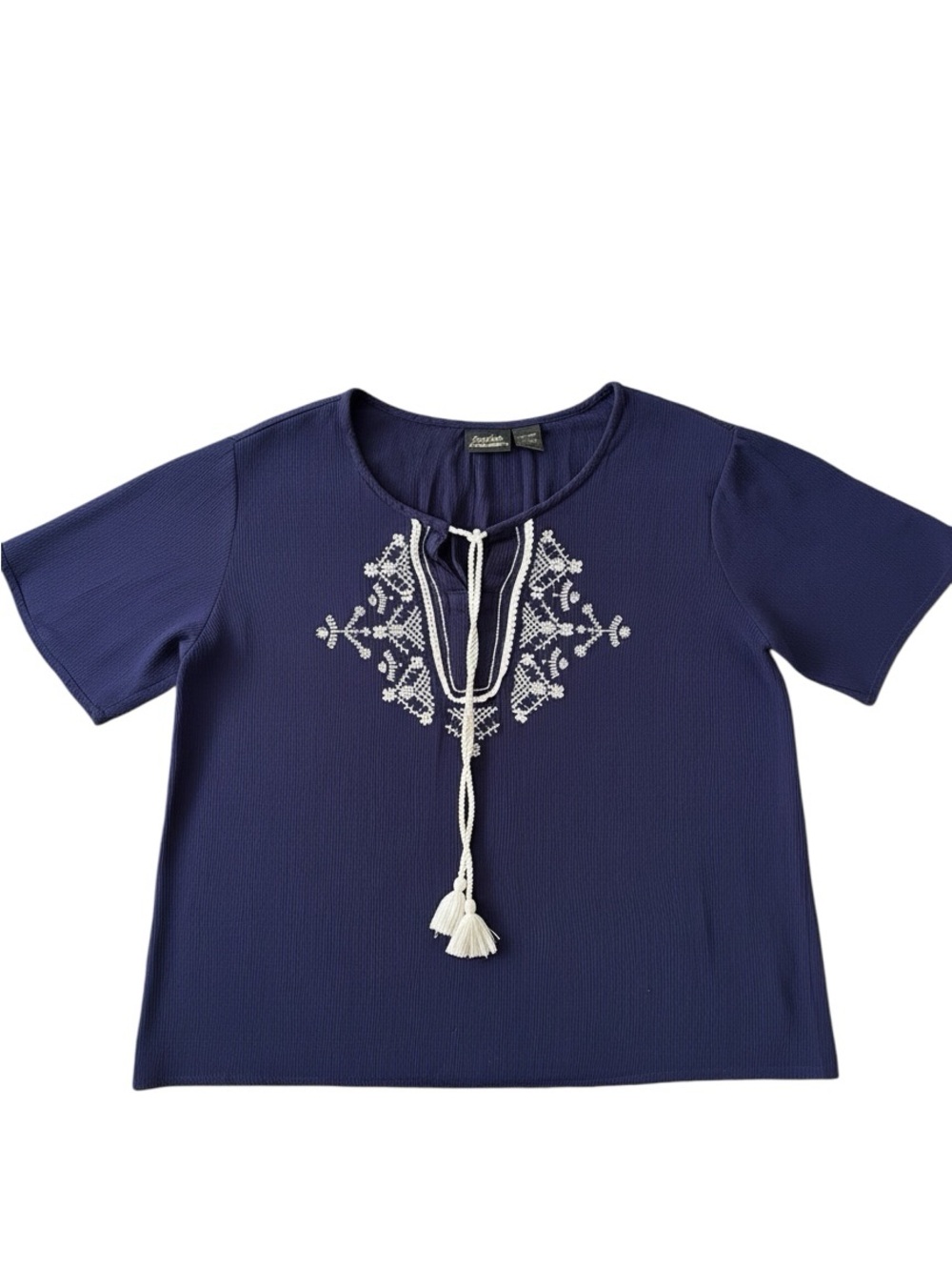 Sara Studio Navy Blue Embroidered Peasant Blouse with Tassel Lightweight | EUC